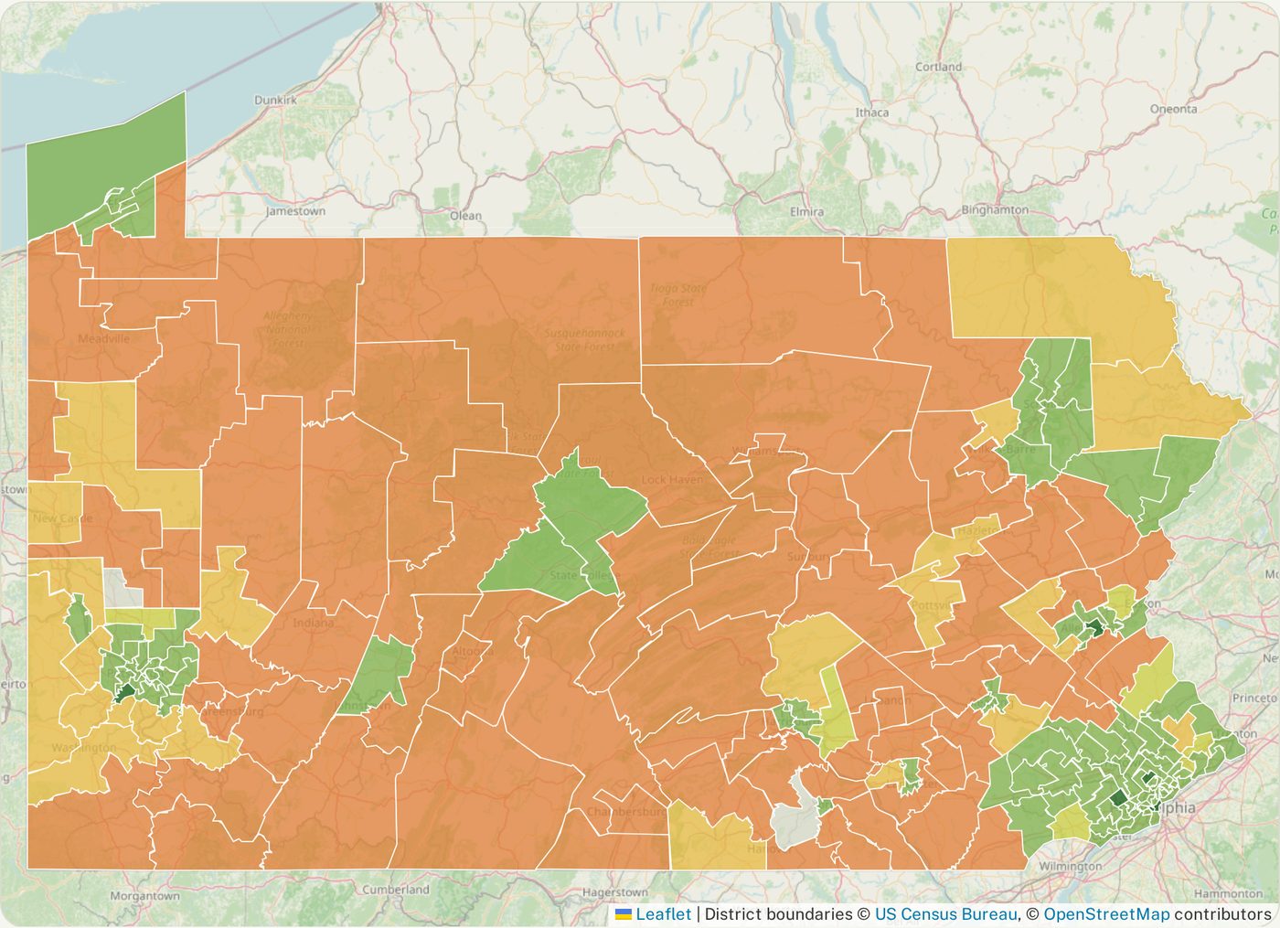 Map of Pennsylvania's 203 State House districts, each shaded by its representative's environmental score