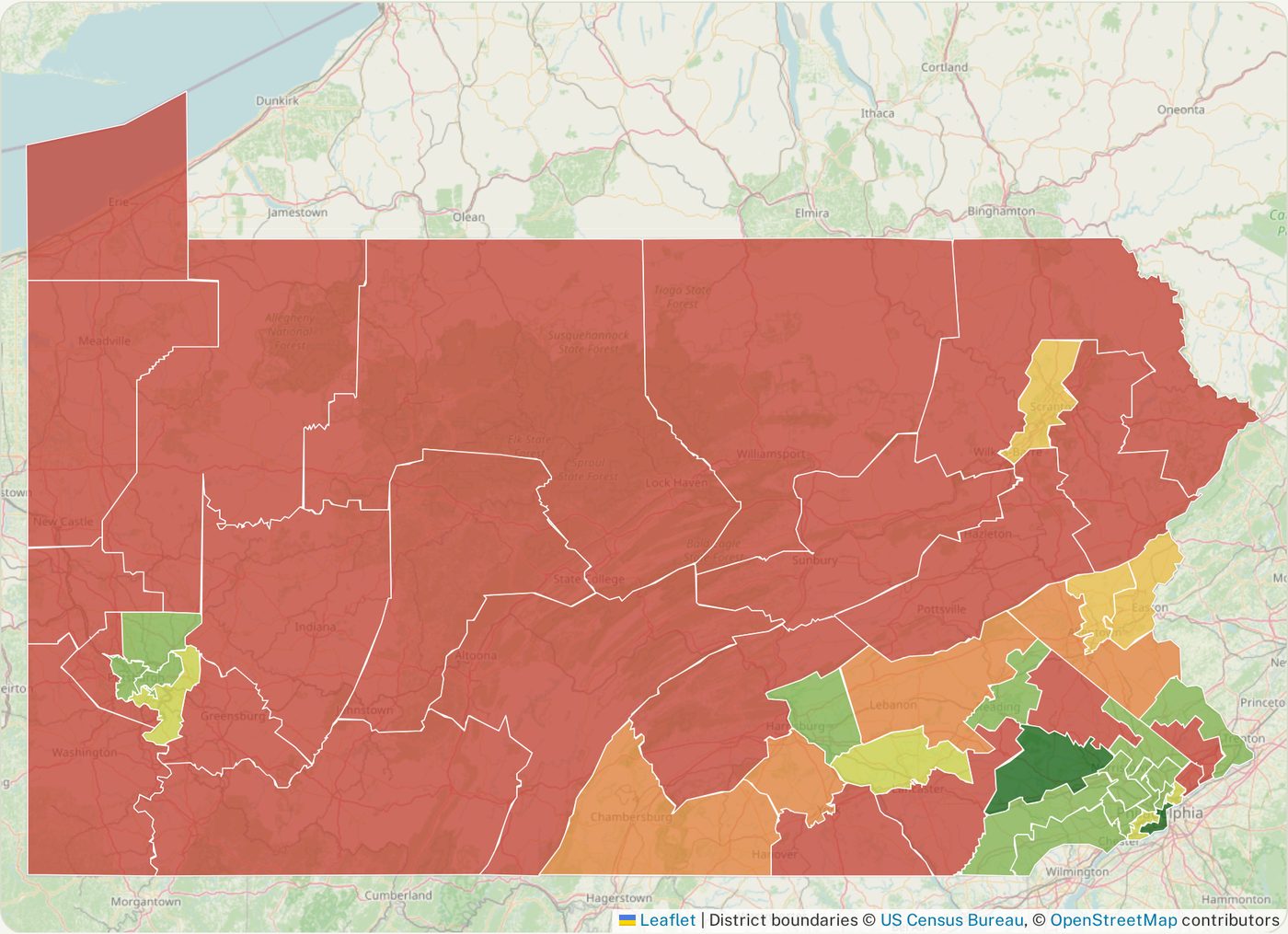 Map of Pennsylvania's 50 State Senate districts, each shaded by its senator's environmental score